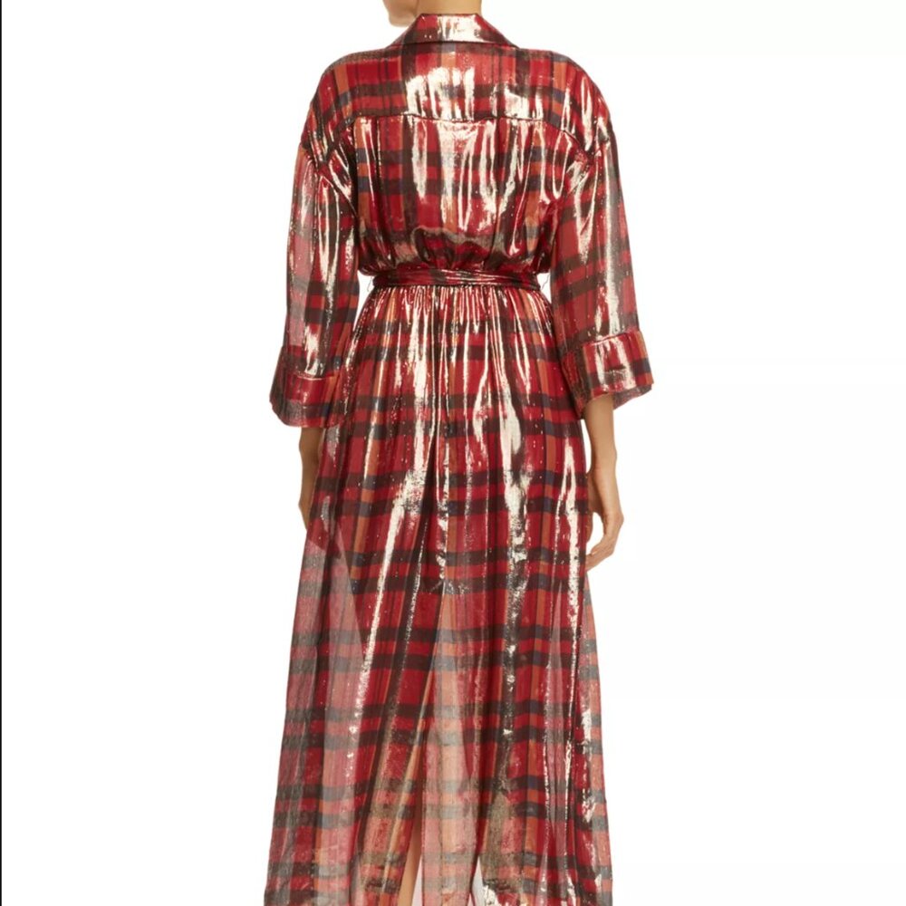 Alice + Olivia Red Metallic Plaid Faux-Wrap Maxi Dress Silk Blend Size 4 Holiday - Picture 2 of 9
